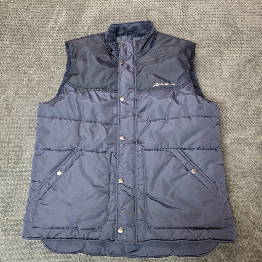 Eddie Bauer Puffer Vest Large Blue Corduroy Trim Snap Button Puffer Vest